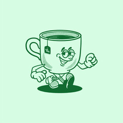 tea cup with tea bag retro cartoon character mascot illustration with happy face for herbal product, plantation, grocery, health food, cafes mascots and merchandise. groovy, vector, editable, icon