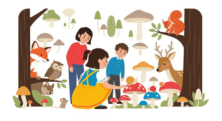 Fototapeta premium Children Discovering Woodland Creatures in a Magical Forest Scene With Diverse Mushrooms