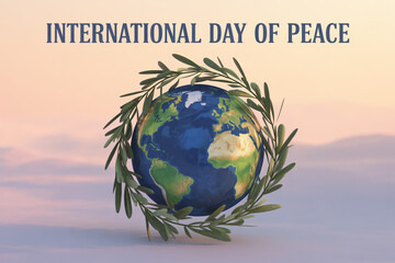 Celebrate International Day of Peace with a symbolic globe adorned with olive branches, promoting unity, harmony, and global cooperation, ideal for awareness campaigns