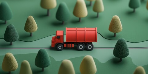 A vibrant, miniature scene featuring a red truck navigating a winding road amidst stylized green trees on a textured landscape.