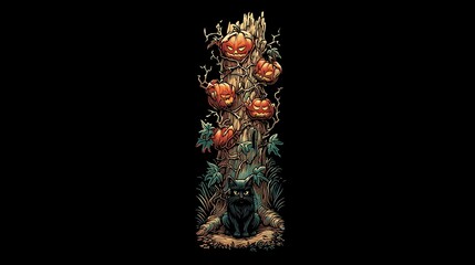 Obraz premium stylized illustration of a tall, thin, gnarled tree. Its branches are made of black vines, and its leaves are carved pumpkin faces, each with a different expression. A black cat with pumpkin 