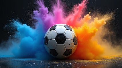 Fototapeta premium Soccer ball detonates in multicolor powder—blue, pink, purple, orange, yellow burst in radiant crescendo. 
