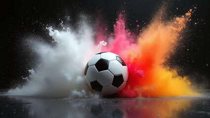 Fototapeta premium Soccer ball detonates in multicolor powder—white, pink, red, orange, yellow burst in kinetic crescendo. 
