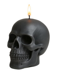 Obraz premium Black candle shaped like a human skull with a lit flame, ideal for Halloween or gothic interior decor.