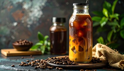 Iced coffee in a glass bottle, surrounded by coffee beans and greenery