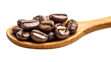 Fototapeta premium Detailed Shot of Roasted Coffee Beans on a Wooden Spoon with a Clear Transparent Background for Easy Use