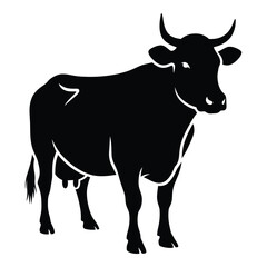 Silhouette of a black cow with horns and udder standing full body view silhouette