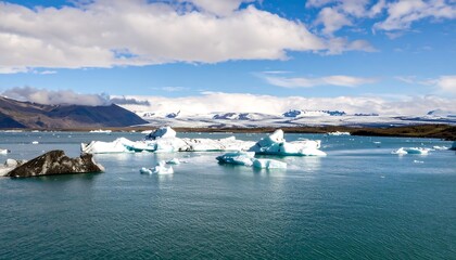Icebergs on a glacial lake, bright sunny day