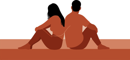 Silhouette of a couple sitting backtoback, conveying a sense of separation, introspection, and complex relationship dynamics in a simple design