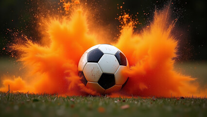 Naklejka premium Soccer ball erupts in orange powder—monochrome calm shattered by fiery burst and visual tension. 