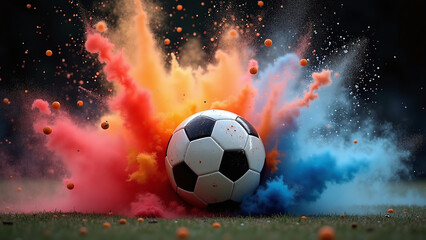 Fototapeta premium Soccer ball detonates in color—red, orange, yellow, and blue powder erupt in kinetic bloom. 
