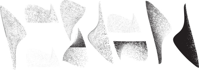 Distressed gradient shape set. Collection of graphic design elements .Blotch shapes. Trendy grainy shapes .Graph print texture .Grunge textured design figures .Irregular edges blobs. Graphic vector.
