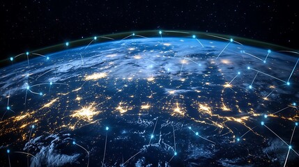 Global network connections over Earth at night from space stars planet photo