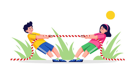 Children Engaging In Energetic Tug Of War Game Under Sunny Sky Outdoors Competition