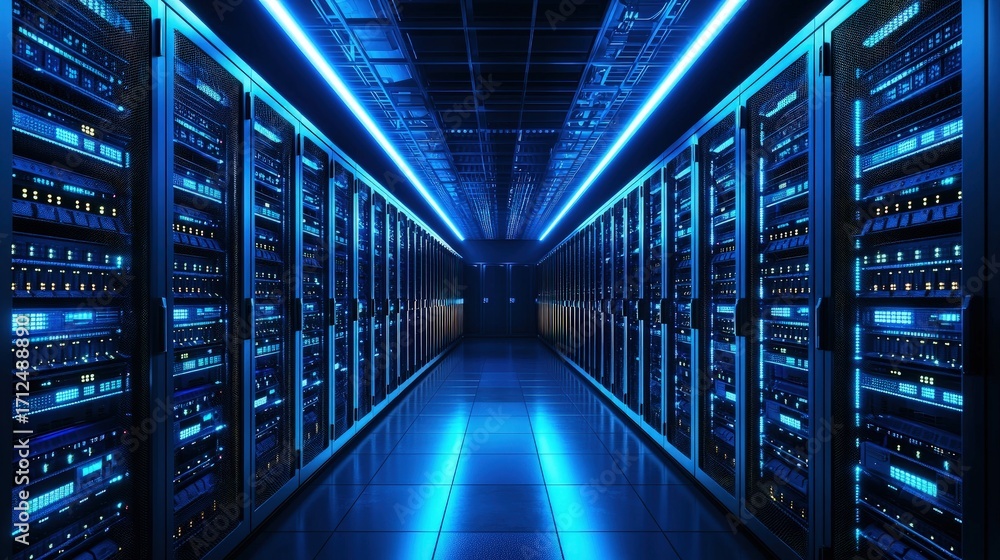 Poster high-tech data center with glowing blue server racks and modern cooling system, perfect for illustra