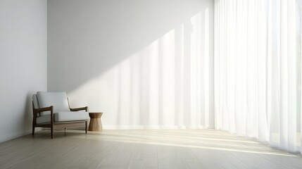 Fototapeta premium armchair. A serene minimalist living space with an armchair and natural light, evoking calmness. lifestyle magazines.