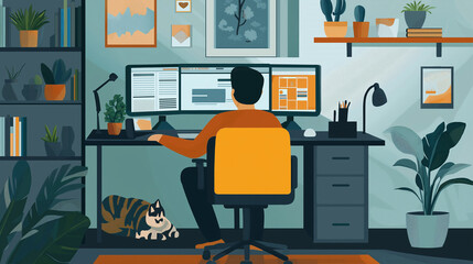 Modern flat design illustration of a man working from home at a desk with multiple monitors, plants, and wall art, while a cat rests on a couch. Concept of remote work, productivity, and lifestyle.