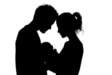 Tender silhouette of parents embracing their newborn baby, a symbol of unconditional love and new beginnings for your family projects.