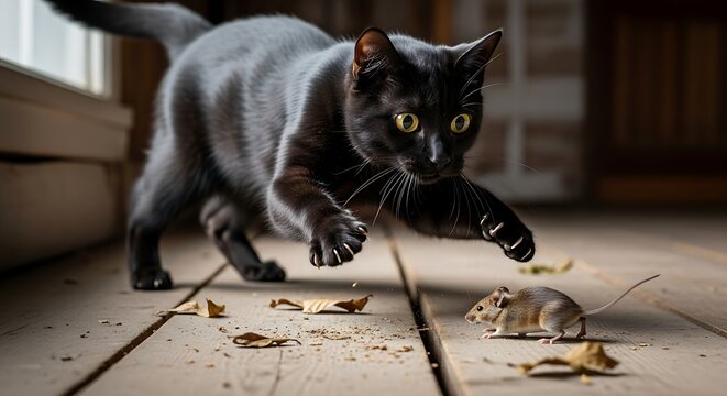 Black cat hunting a small mouse on a wooden floor with scattered leaves.