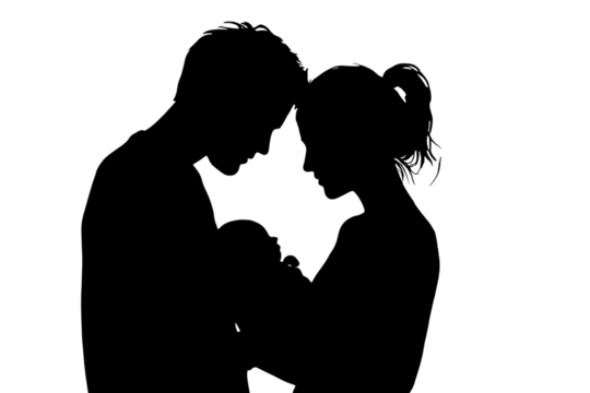Tender silhouette of parents embracing their newborn baby, a symbol of unconditional love and new beginnings for your family projects.
