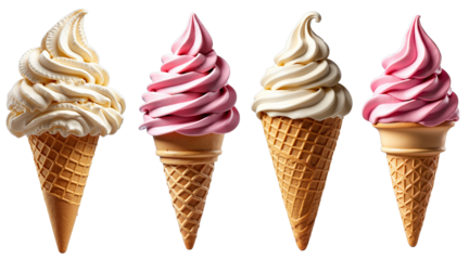 Soft Serve Ice Cream Cones – Vanilla and Strawberry Flavors on Transparent Background for Dessert Menus and Food Styling
