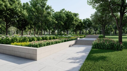 Obraz premium A serene park scene featuring lush greenery, flowering plants, and a paved pathway, inviting peaceful strolls amidst nature's beauty.