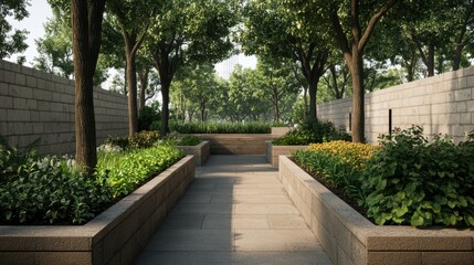 A serene garden pathway lined with lush greenery and trees, offering a peaceful retreat in an urban environment.