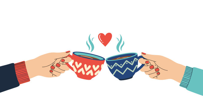 Two hands holding cups of coffee with heart symbol.