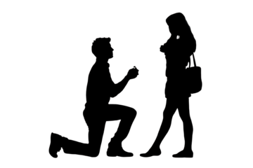 Man proposes with ring to surprised woman on one knee, capturing a pivotal moment of commitment and future dreams in a silhouette style