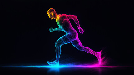 Dynamic neon-style illustration of a muscular male athlete sprinting with glowing trails of blue, pink, and orange light. Concept of sports, speed, fitness, digital energy, and futuristic athletics.