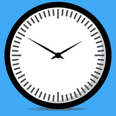 Modern office style analog clock face on a blue background, time management concept