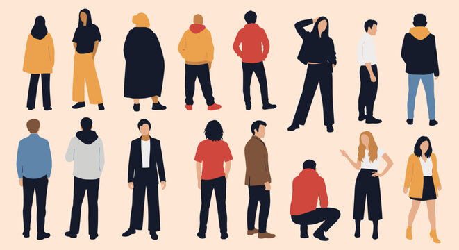 Diverse group of people standing and posing in casual and formal attire.