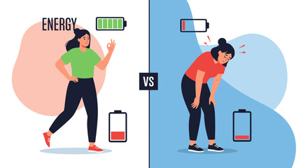 Woman with high energy versus woman with low energy comparison.
