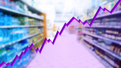 Grow up 3d purple graph on abstract blur image of supermarket background. Bar charts. Rising food prices. Inflation concept. Retail industry. Finance and Economy. Stock Market. Store. Consumerism. CPG