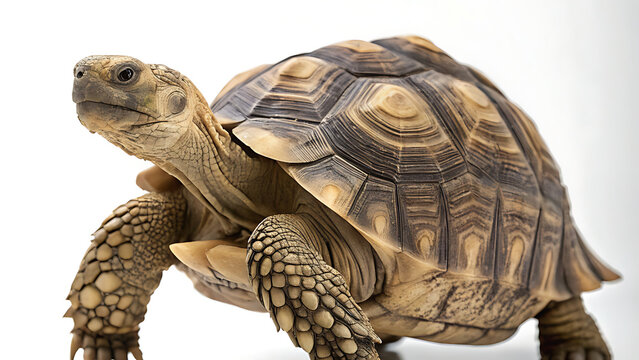 Close up of a detailed tortoise shell and head on a white background