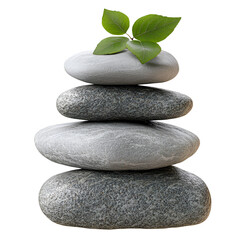 Fototapeta premium Four Stacked Stones with Green Leaves A Tower of Natural Balance and Growth for Serenity and Focus