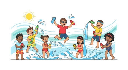 Fototapeta premium Children Enjoying Summer Water Festivities Playing With Filled Bottles Outdoors