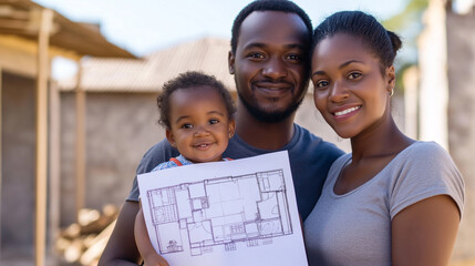 Smiling family with a child holding a house plan at a construction site. Concept of new home building, architecture, family dreams, real estate investment, housing development, and future planning.