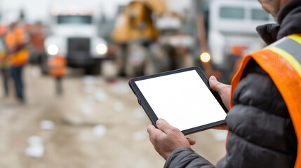 Construction worker in safety vest and helmet using a tablet for project management at a building site. Concept of digital construction, smart technology, and modern engineering solutions.