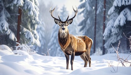 Obraz premium Majestic Red Deer Standing Alert in Snowy Forest on Sunny Day During Winter Season With Sunlight Filtering Through Trees