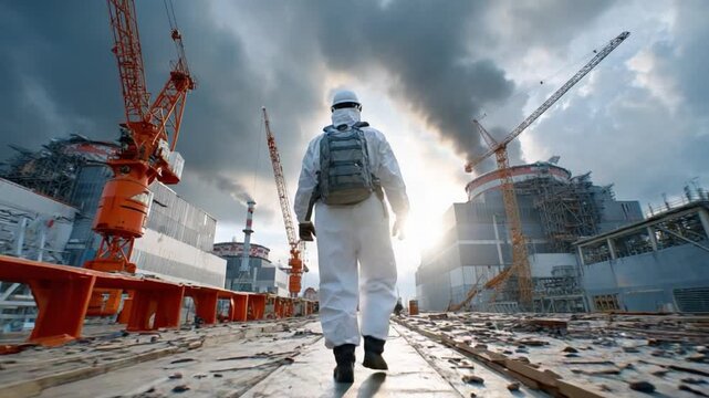 Guardian of Industry: A solitary figure in a protective suit navigates the construction site of a nuclear power plant, amidst the imposing structures and the promise of progress and sustainability.