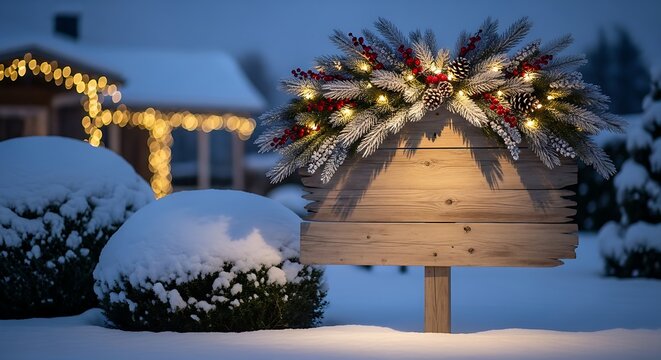 Rustic wooden sign adorned with festive Christmas greenery, lights, and pinecones, set against a snowy, softly lit winter evening background - Powered by Adobe