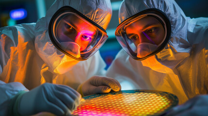 Two scientists wearing yellow cleanroom suits and protective gear closely examine a glowing semiconductor wafer in a high-tech laboratory. Symbol of microchip manufacturing, nanotechnology