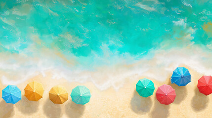 Aerial view of colorful beach umbrellas on golden sand with turquoise ocean waves rolling in. Vibrant summer holiday scene capturing the beauty of tropical beaches, relaxation,