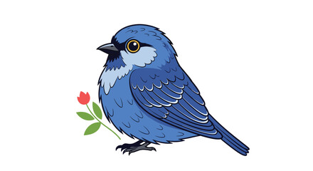 Obraz premium A fluffy blue bird sits next to a small red rose with green leaves.