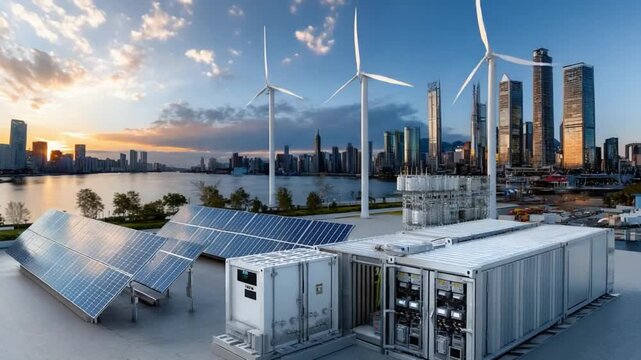 Urban Oasis of Renewable Energy: A vibrant cityscape harmoniously coexists with a panorama of solar panels and wind turbines, symbolizing a promising future of clean, sustainable power.