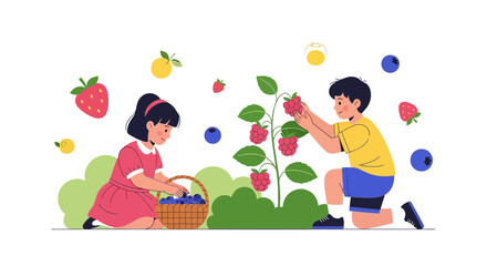 Children Harvesting Delicious Berries And Fruits In The Sunny Orchard Garden Scene