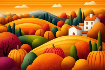 Obraz premium Autumnal Harvest in the Valley: An enchanting illustration depicting rolling hills and vibrant trees, brimming with pumpkins.