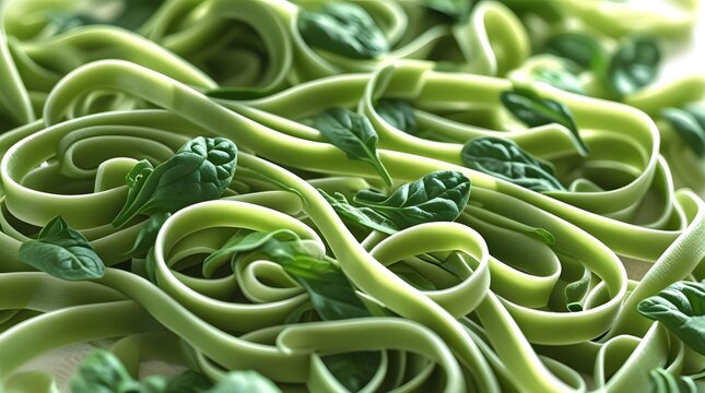 A Green spinach tagliatelle pattern background, with vibrant green strands of tagliatelle pasta arranged in a intricate, swirly design, set against a soft - Powered by Adobe