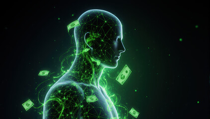 Neon digital human silhouette with interconnected network and floating banknote icons conveying investment growth and financial technology optimism